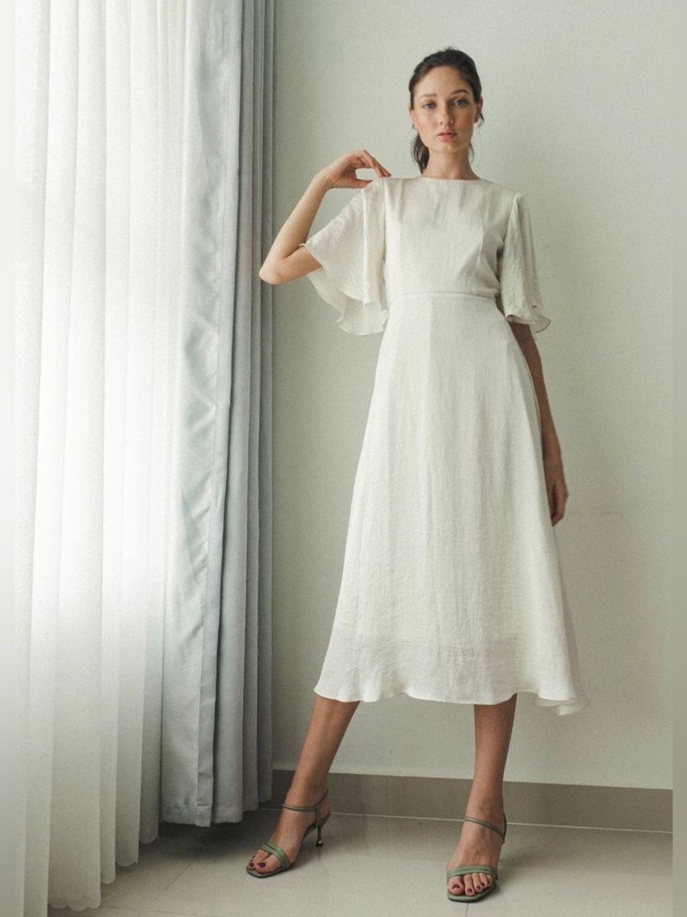 Noire Vietnam Adele Flutter Flounce Sleeves Silk Midi Dress